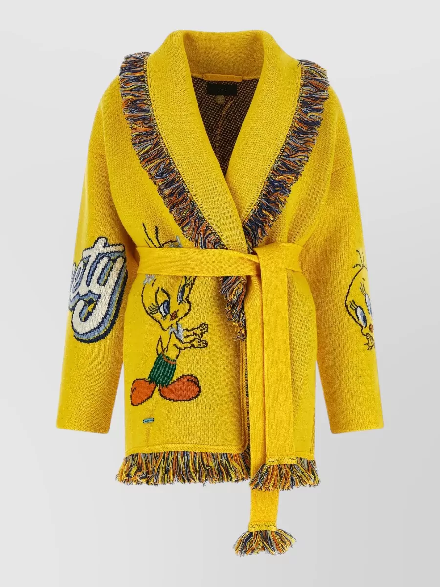 Alanui virgin wool jacquard belted fringed cardigan