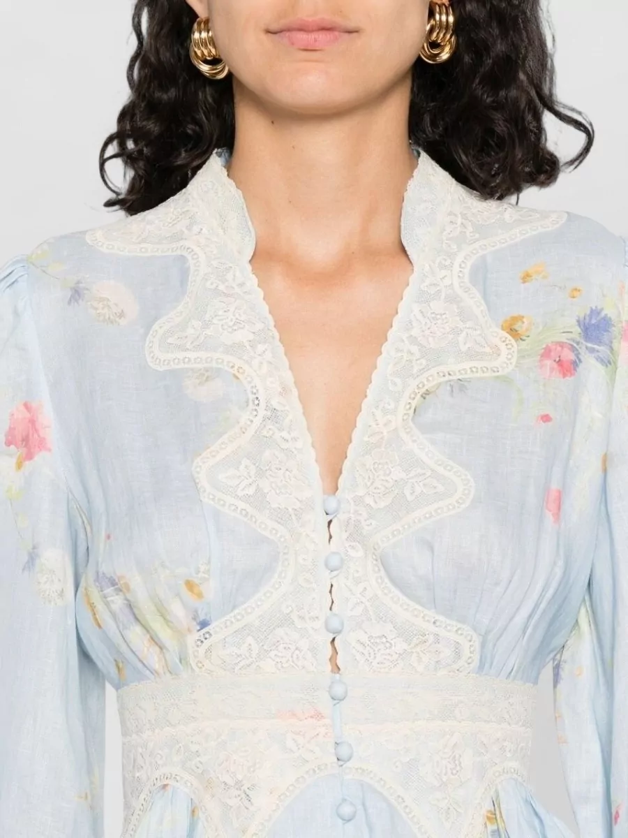 Zimmermann Linen V-Neck Long-Sleeve Mini Dress