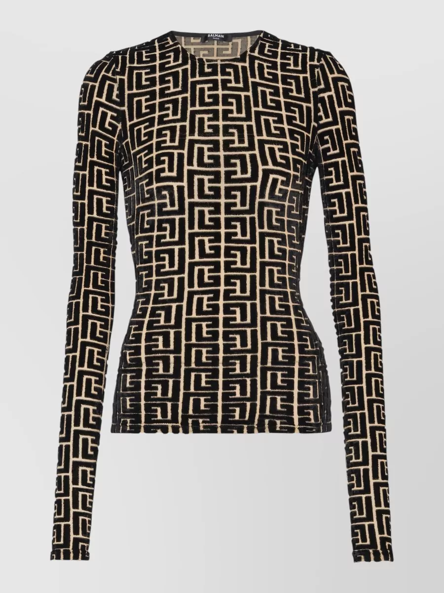Balmain Monogram Velvet Top Fitted Long Sleeves In Brown