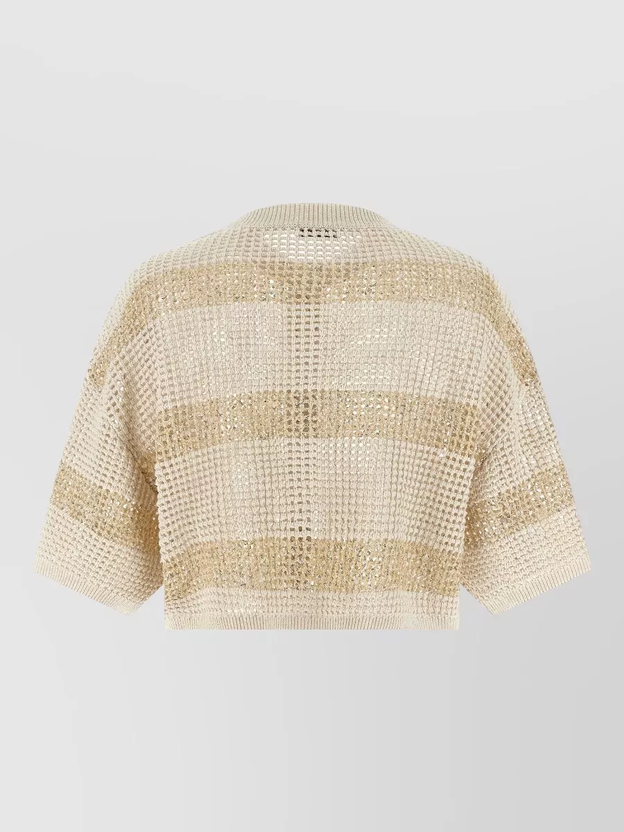 Brunello Cucinelli Striped Openwork Cropped Cotton Cardigan