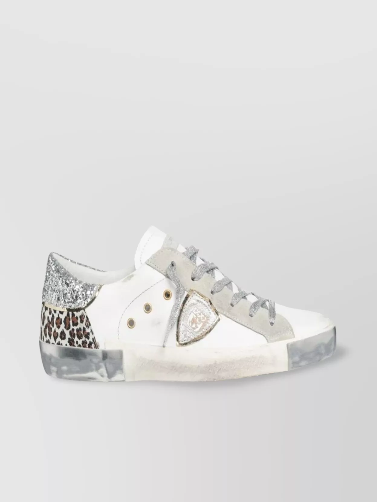 Philippe Model Glitter Heel Sneakers Leopard Print Detail In White