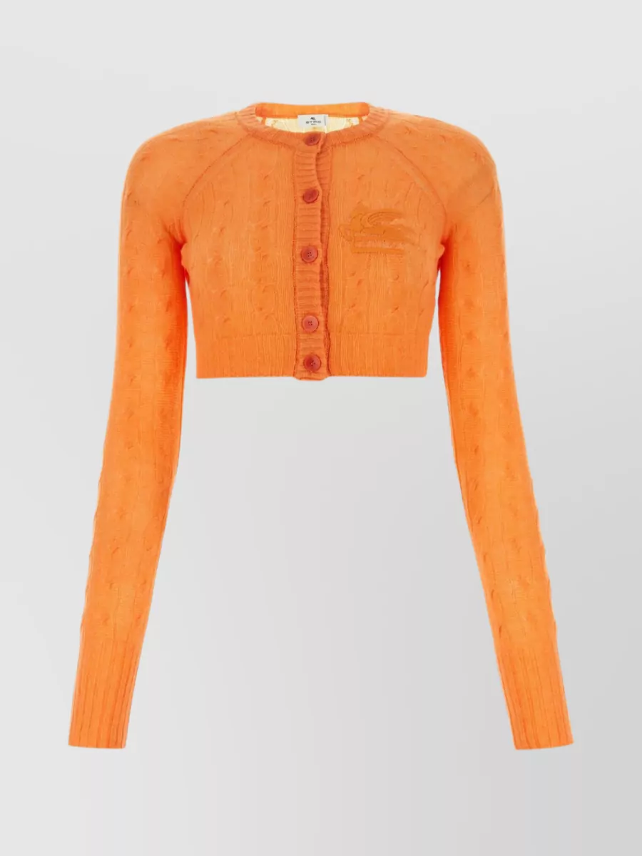 Shop Etro Cropped Cable Knit Cashmere Cardigan In Yellow