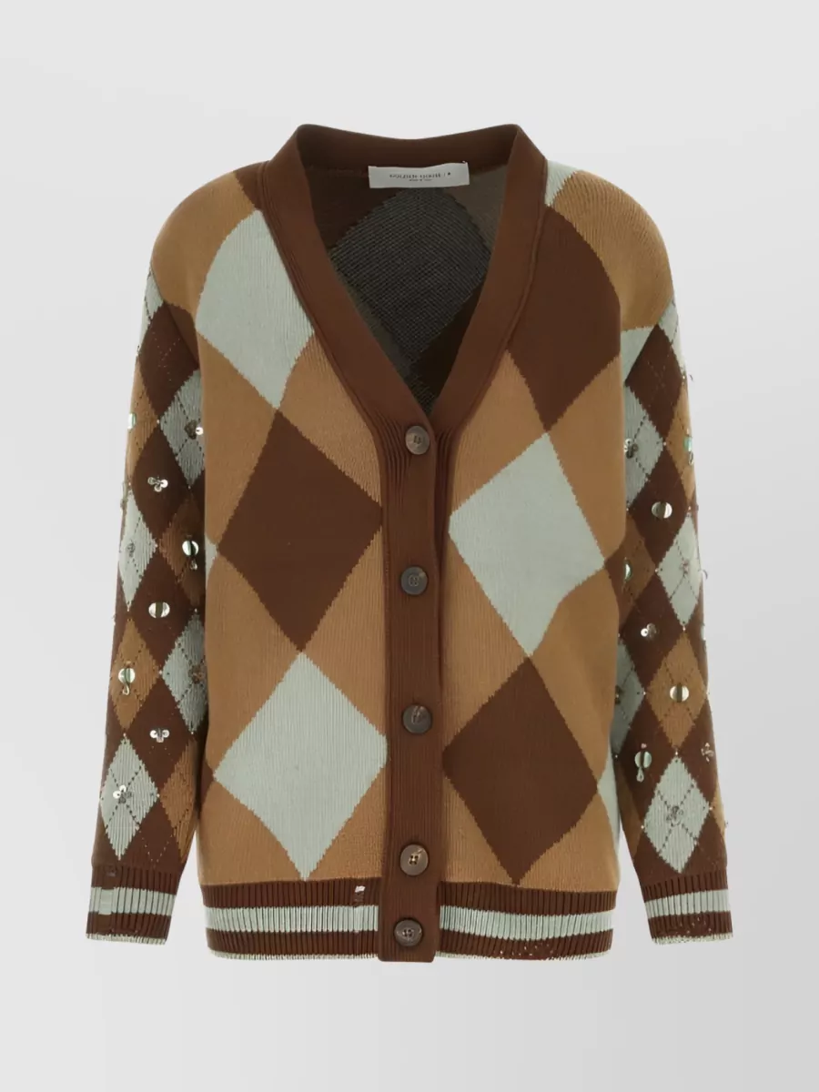 Shop Golden Goose Versatile Knit Cardigan With Argyle Check Pattern In Brown