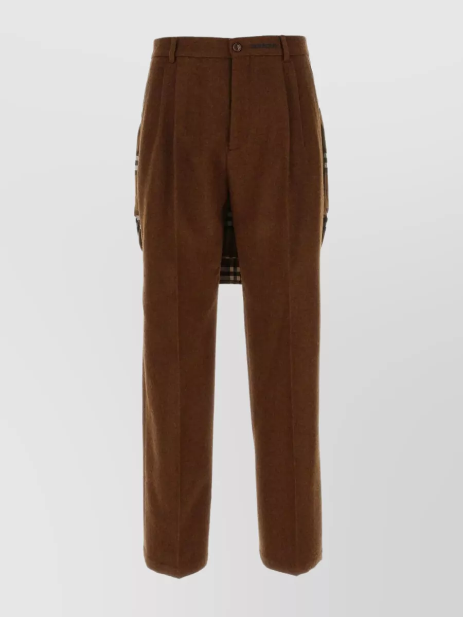 Shop Burberry Classic Wool Trousers With Pleats And Tartan Insert In Brown