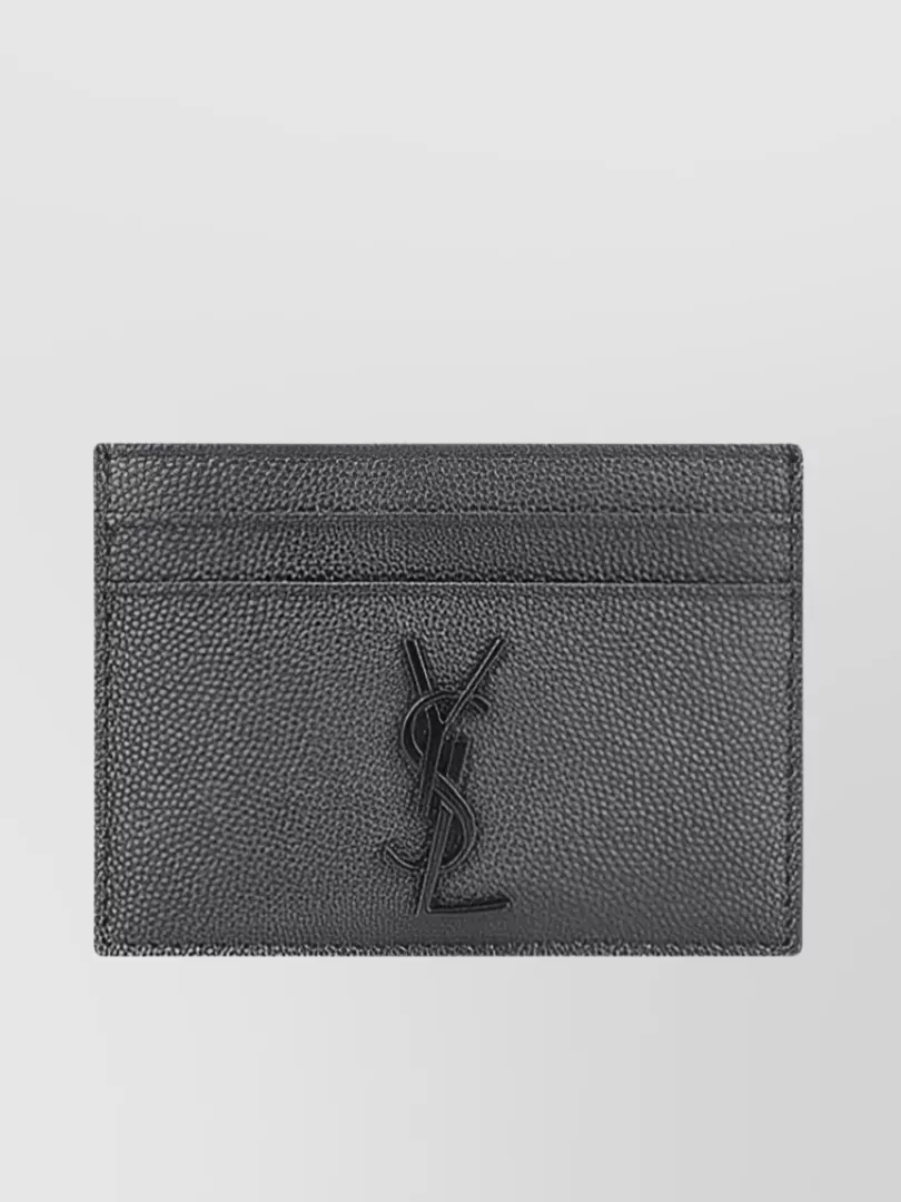 Saint Laurent Leather Textured Card Holder In Gray