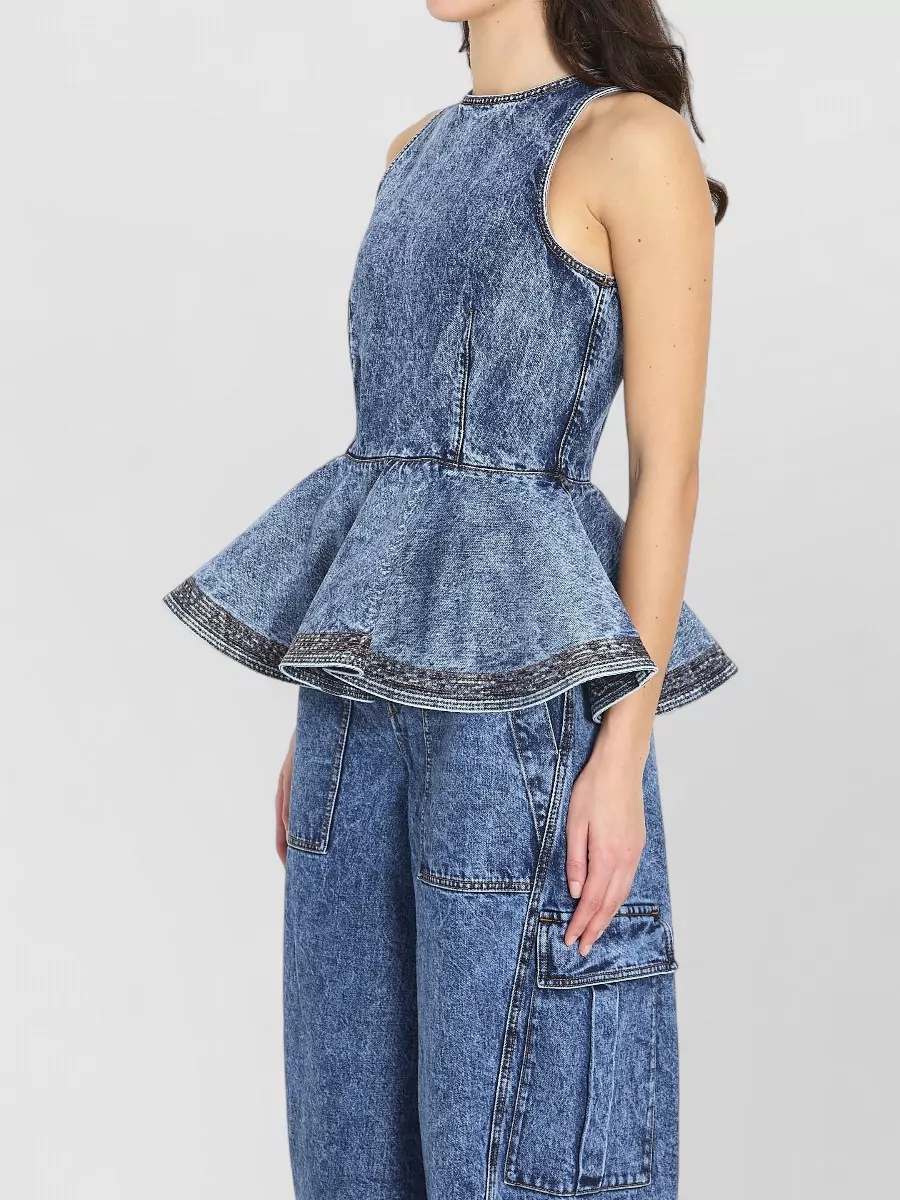 Alaïa Denim Peplum Top Crew Neck Sleeveless