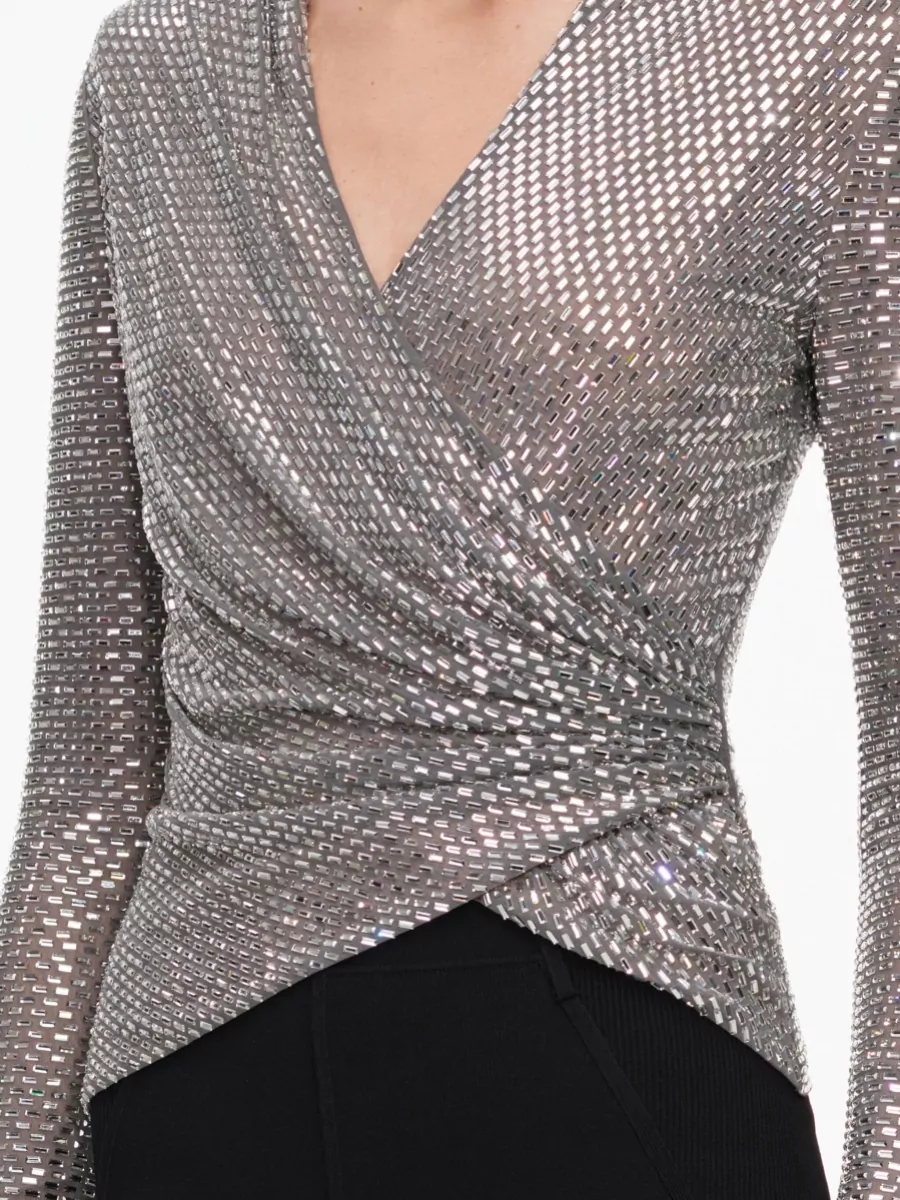 Self-Portrait Rhinestone Mesh Draped Wrap Top