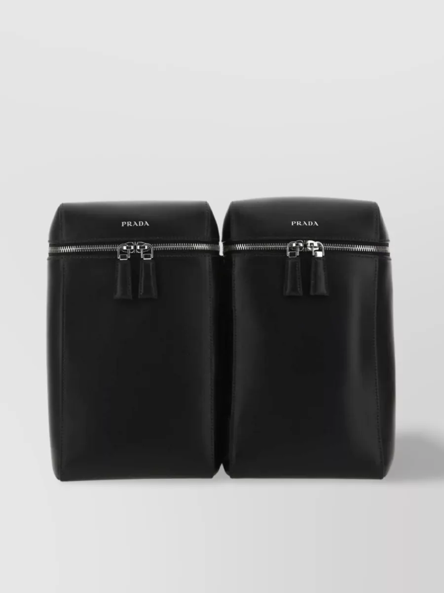 Shop Prada Structured Leather Backpack With Logo Zipper Closure In Black