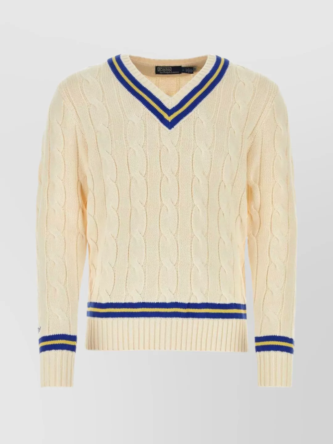 Polo Ralph Lauren Cable Knit V-neck Sweater With Stripe Detail In Neutral