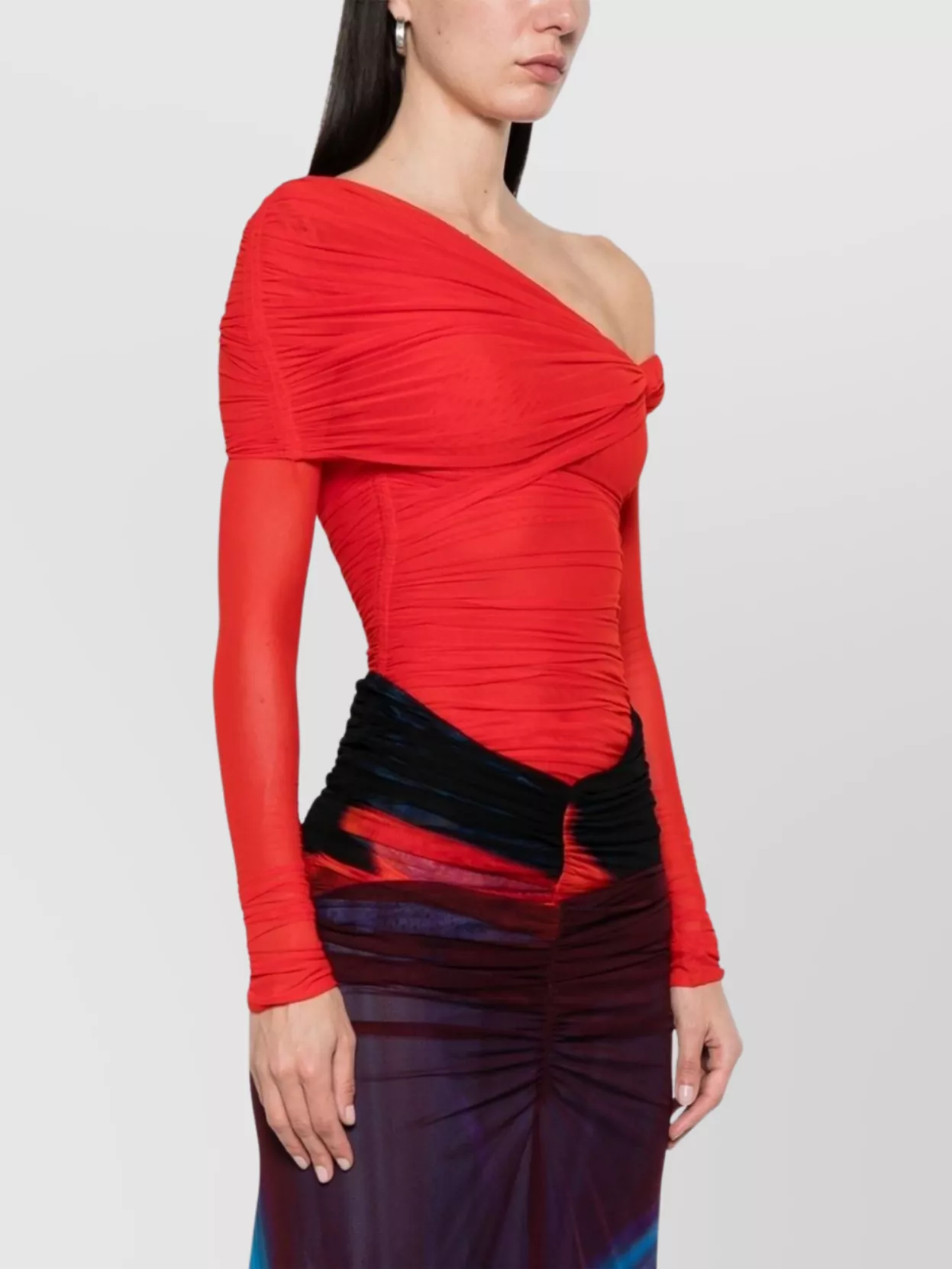 Mugler One-Shoulder Bodysuit With Ruched Sheer Sleeves