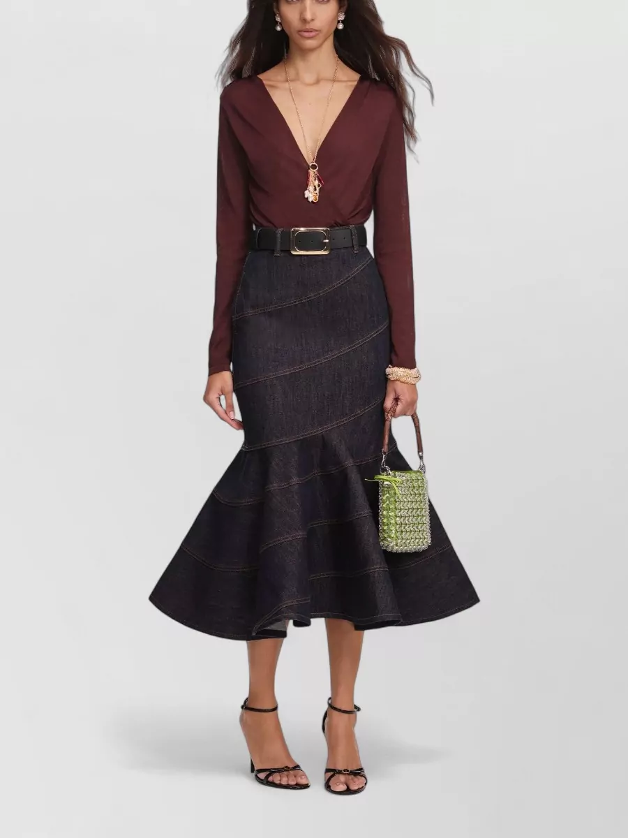 Self-Portrait denim belted mermaid-hem midi skirt