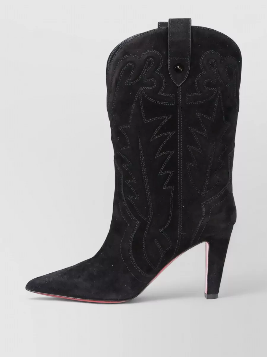 Christian Louboutin Embroidered Suede Ankle Boots Pointed Toe Pull Tabs