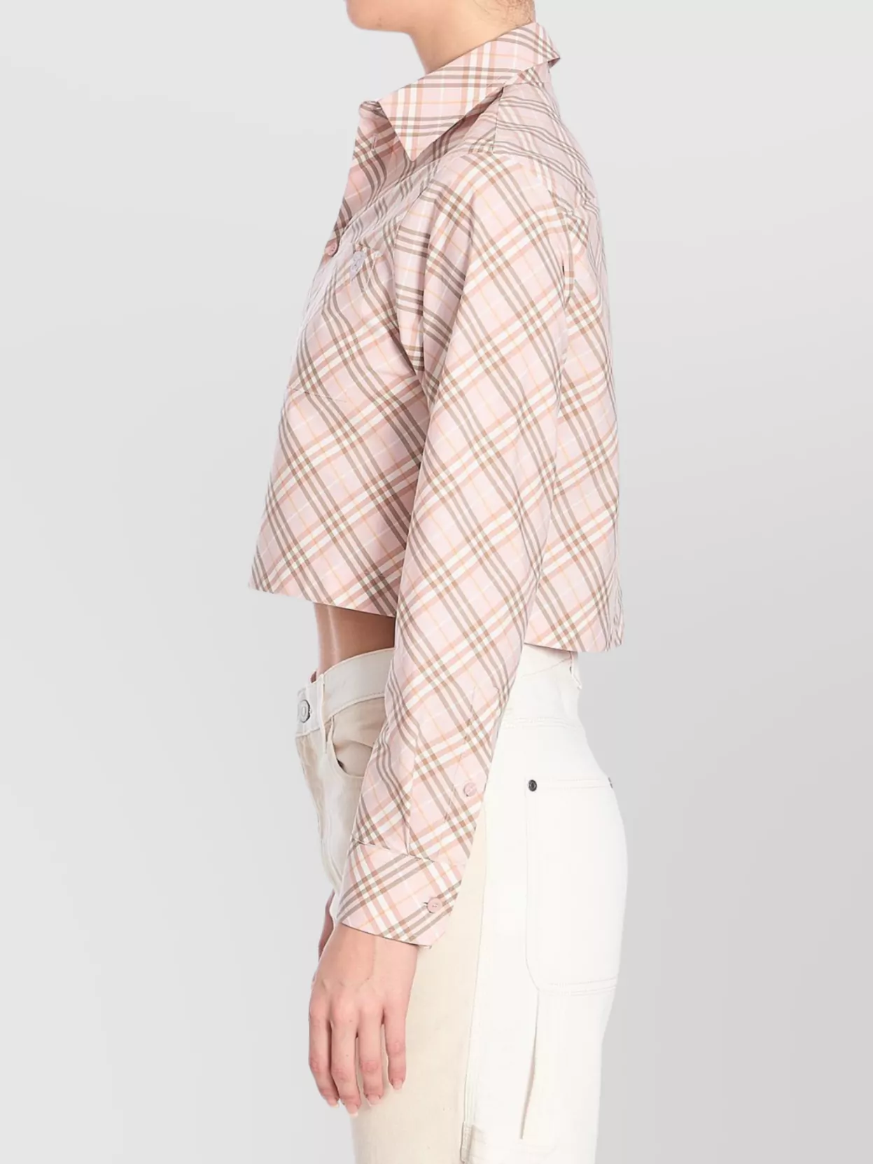 Burberry Cropped Check Long-sleeved Point Collar In Neutral