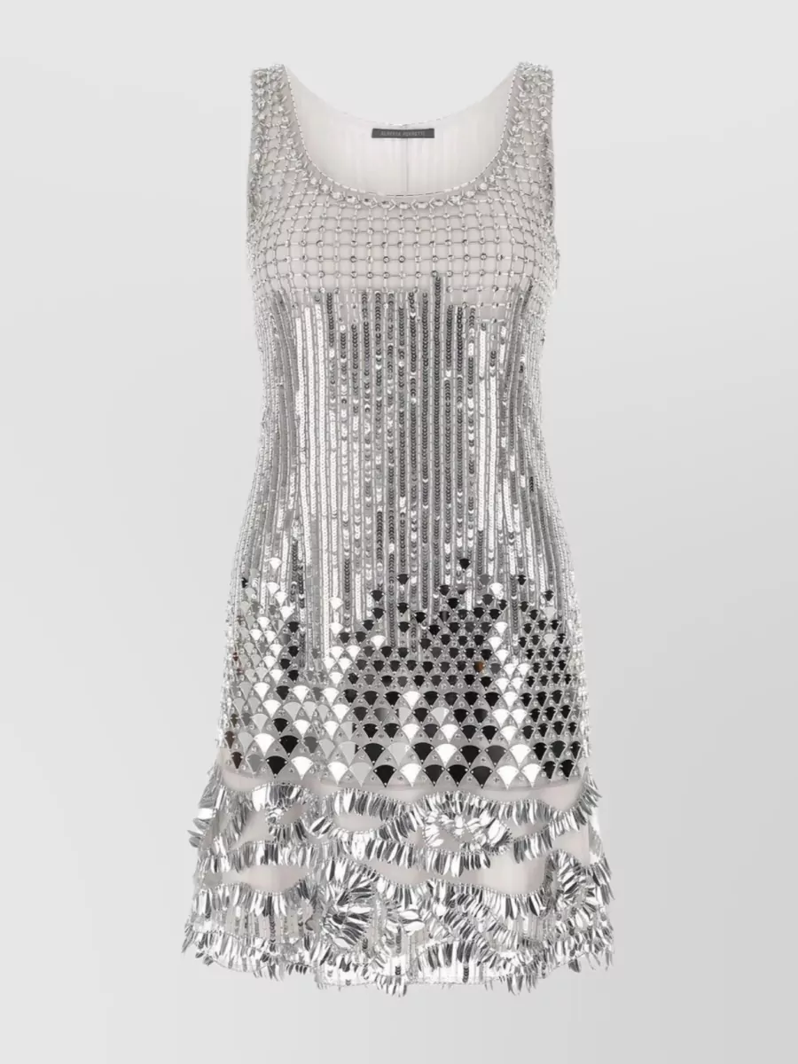 Shop Alberta Ferretti Sparkling Fringed Sleeveless Dress In Grey