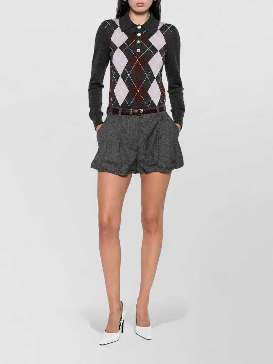 Self-Portrait Wool Argyle Long-Sleeve Polo Top