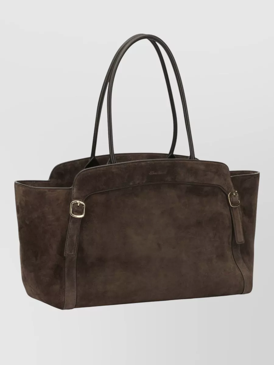 Santoni Suede Leather Double Buckle Medium Tote Bag