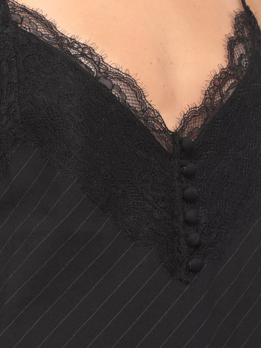 The Andamane Pinstriped Lace-Trim V-Neck Sleeveless Top