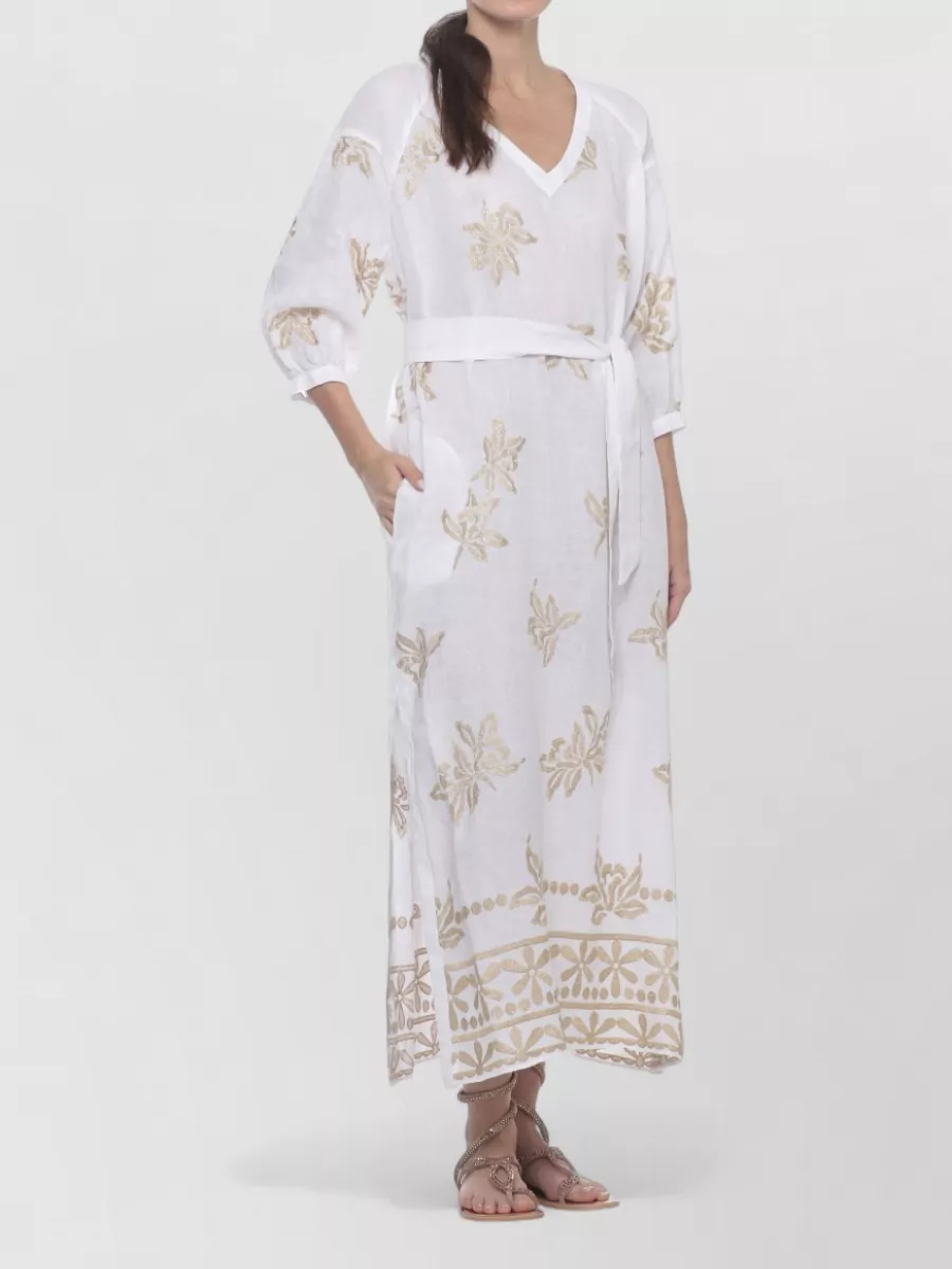 120% Lino Linen V-Neck 3/4-Sleeve Floral-Print Knee-Length Beach Cover-Up