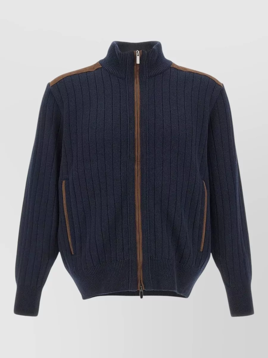Paul & Shark Cashmere Wool Ribbed Panelled Zip Jacket