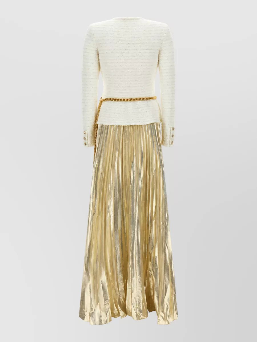 Self-Portrait Textured Knit V-Neck Long-Sleeve Pleated Maxi Dress