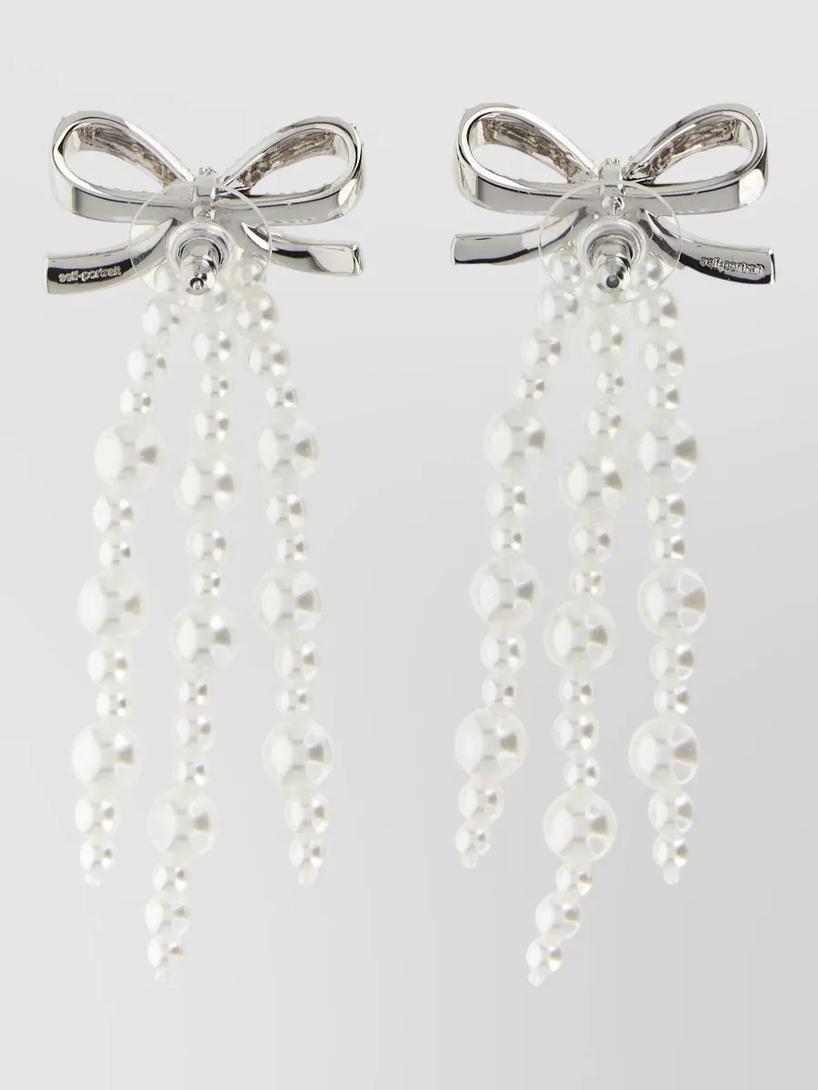 Self-Portrait Crystal-Embellished Bow Pearl Drop Earrings