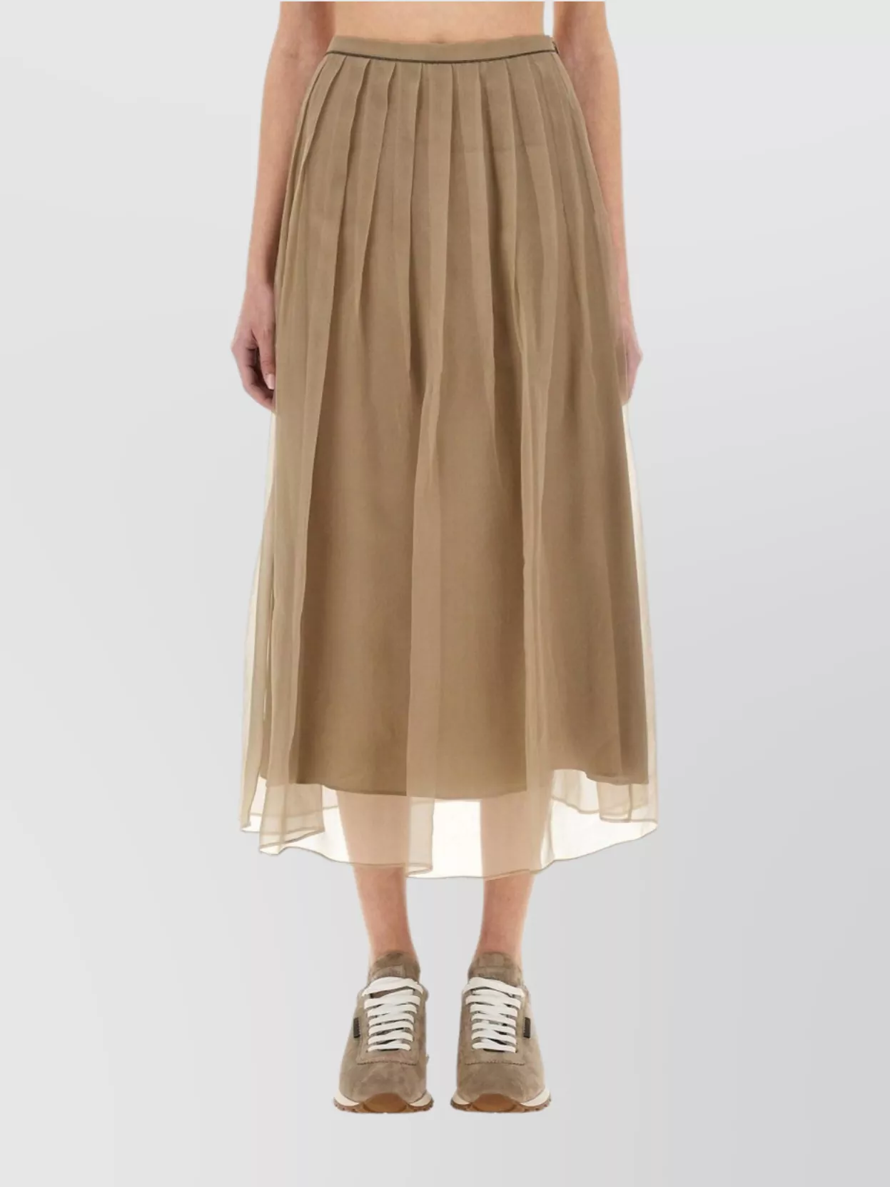 Brunello Cucinelli Pleated Silk Midi Skirt With Sheer Overlay