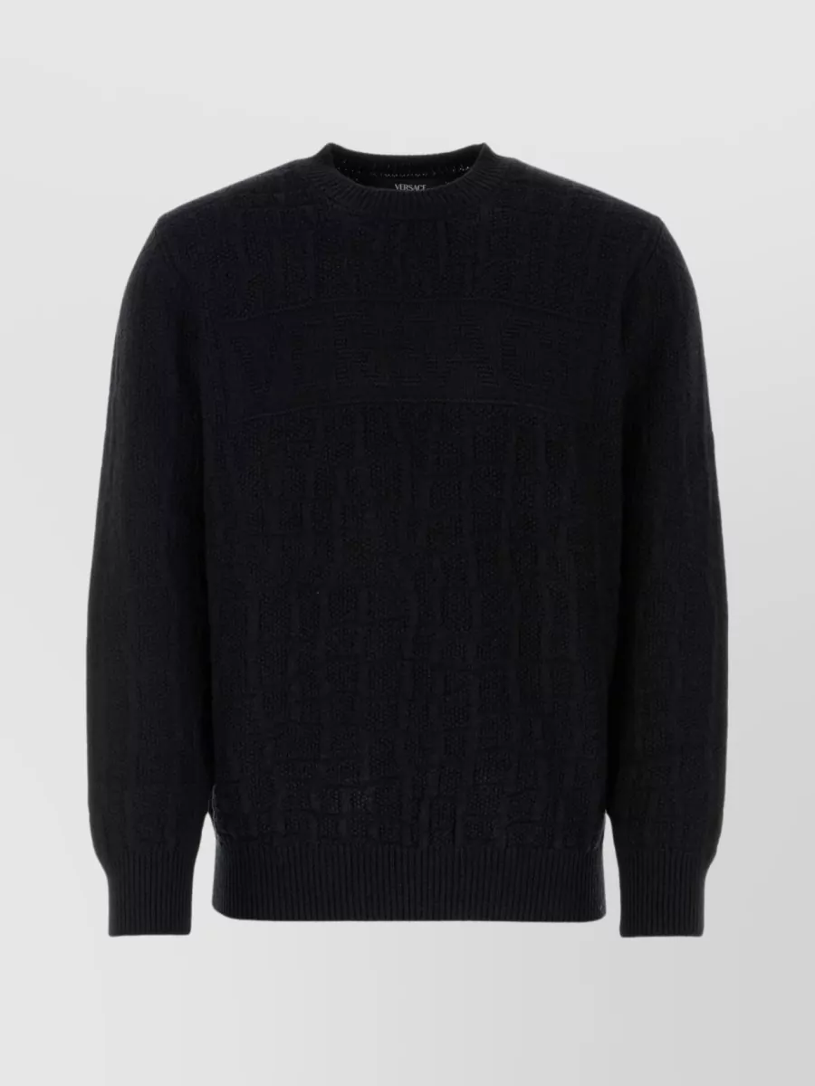Shop Versace Textured Wool Cable Knit Sweater In Black