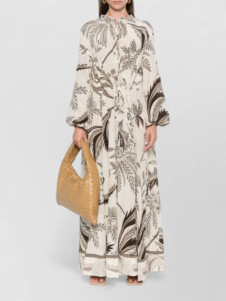 F.r.s For Restless Sleepers Silk Printed Crew Neck Long-Sleeve Drawstring Maxi Dress