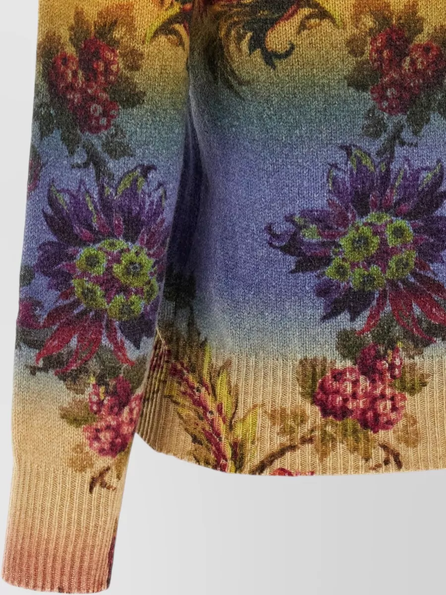 Etro Wool Floral Jacquard Degradé Crewneck Sweater