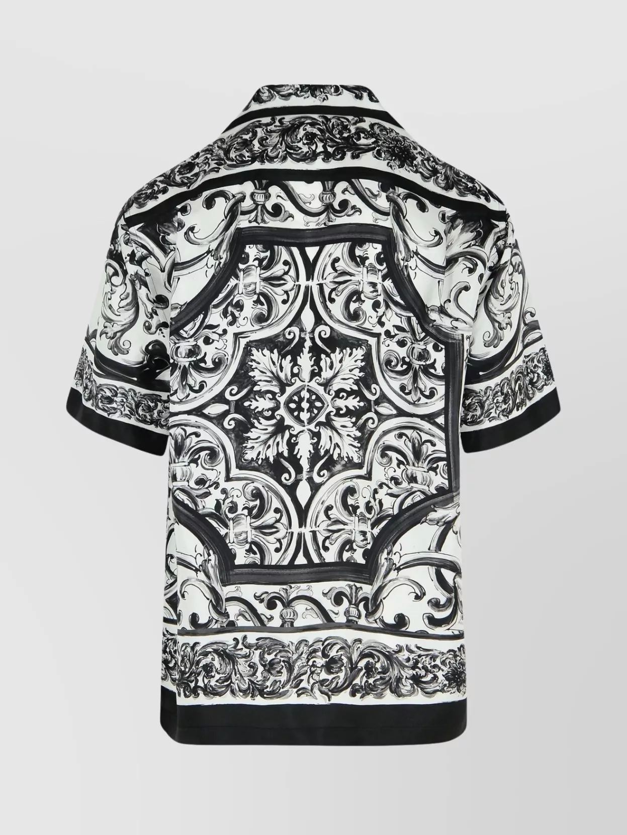 Dolce & Gabbana Maiolica Black And White Bowling Shirt With Cuban Collar And All-over Print In Silk Man In Black