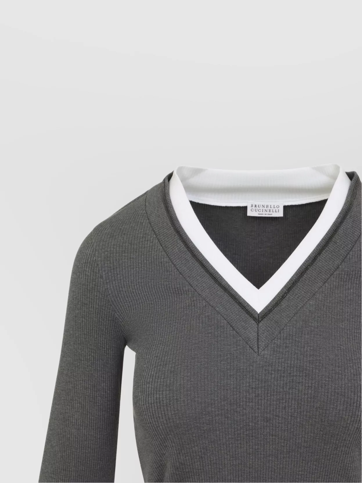 Brunello Cucinelli Ribbed Long Sleeves Top With Contrast Trim In Gray