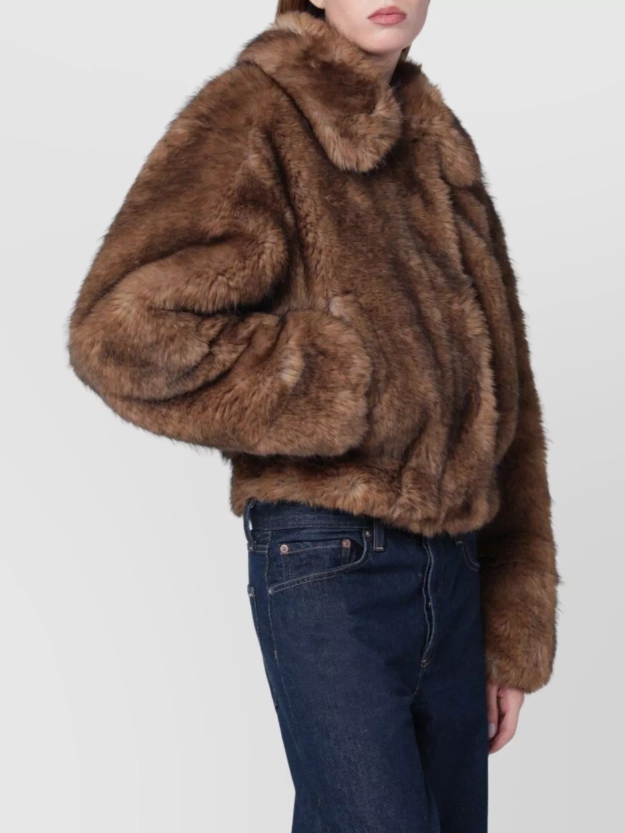 Stand Studio Faux Fur Bomber Jacket With Long Sleeves In Brown