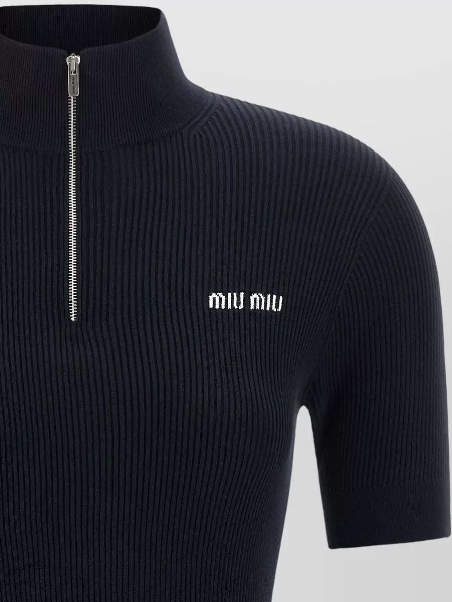 Miu Miu Cotton Ribbed High Neck Short Sleeve Mini Dress