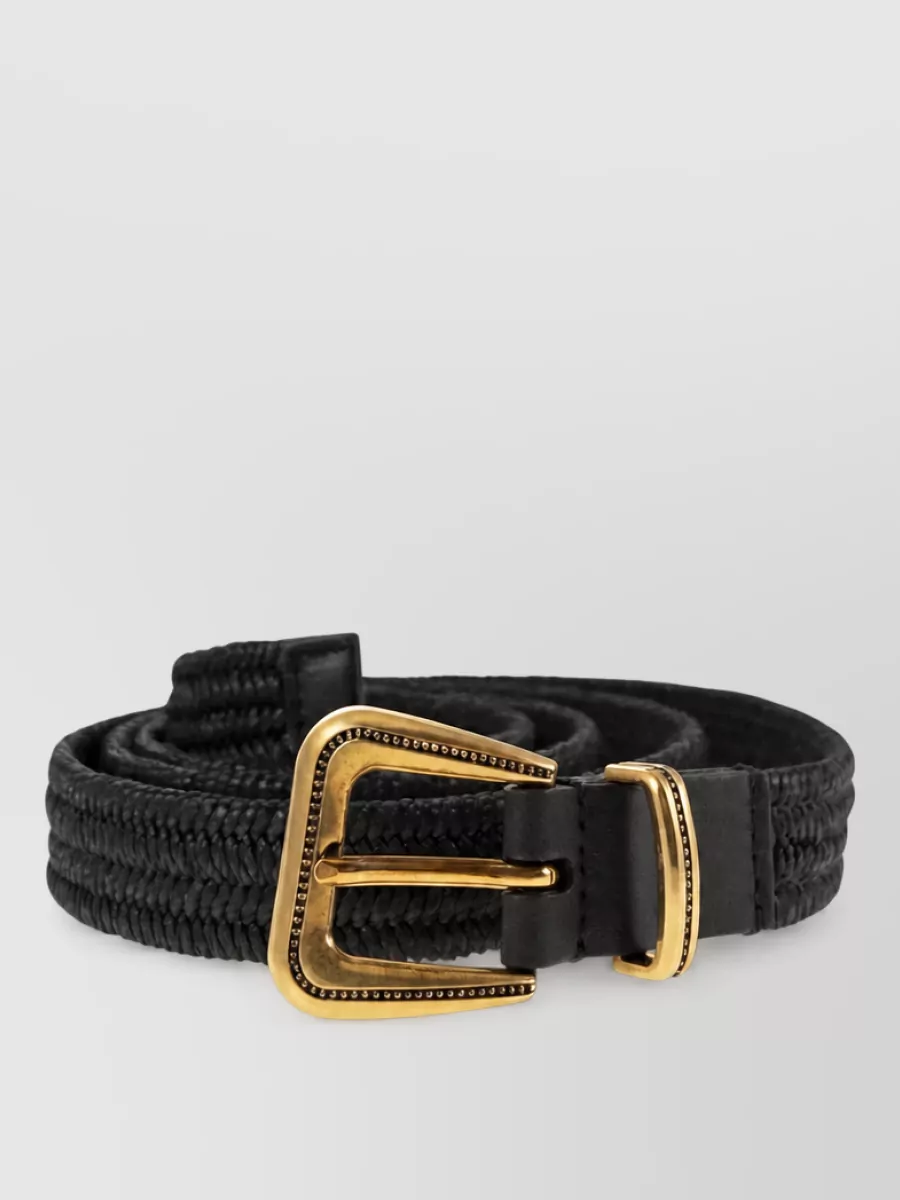 Brunello Cucinelli Linen woven belt — The Brunello Cucinelli slim black braided belt quietly defines the high waist and introduces a small, polished accent that aligns with the shirt’s refined tailoring.