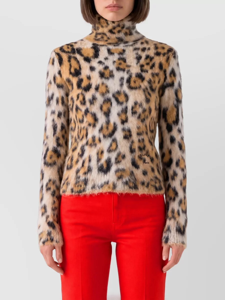 Celine Silk jacquard ribbed turtleneck sweater