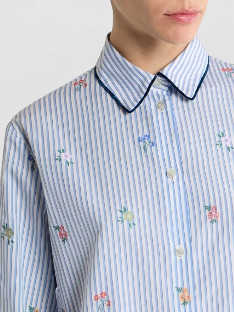 Etro Floral-Embroidered Striped Cotton Long-Sleeve Shirt