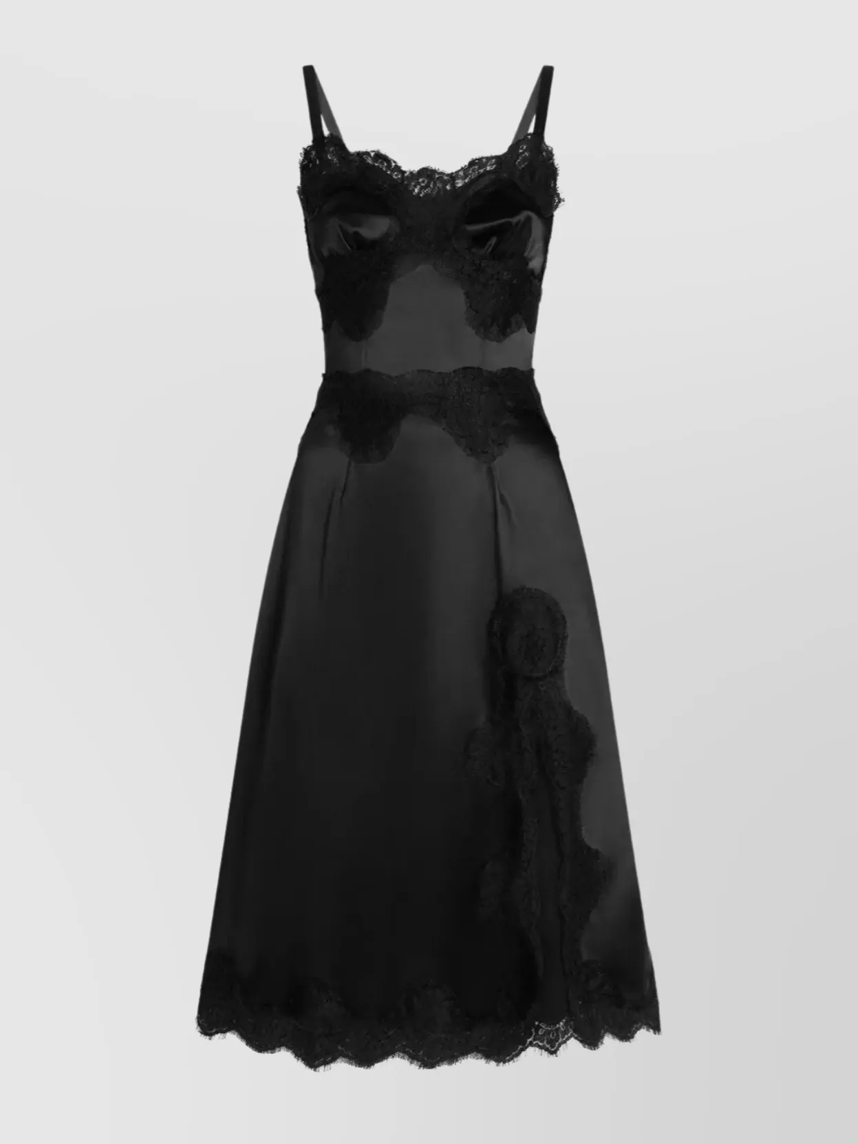 Dolce & Gabbana Lace Trim Satin Dress With Spaghetti Straps In Black