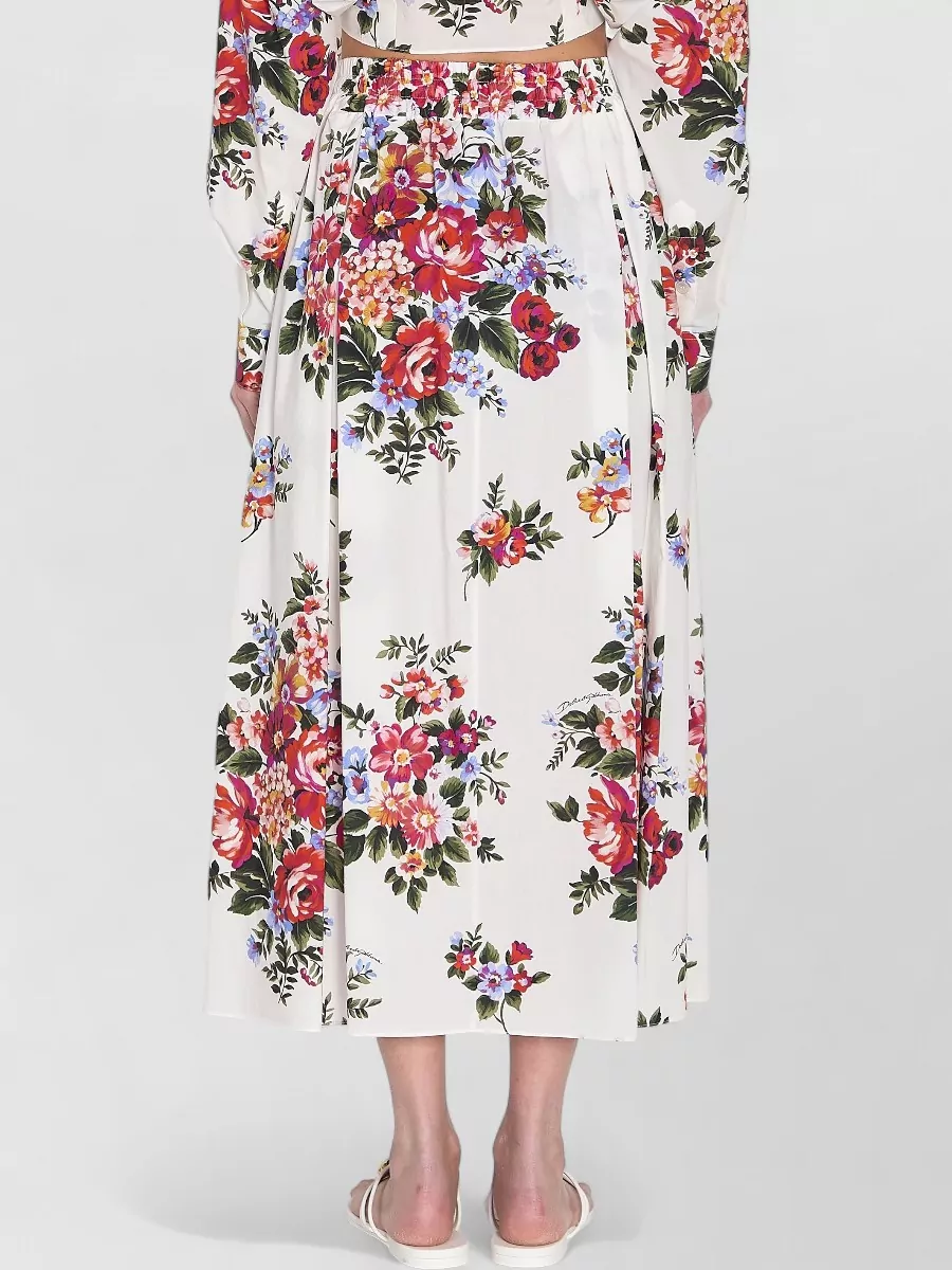 Dolce&Gabbana Cotton Floral Print Pleated Maxi Skirt
