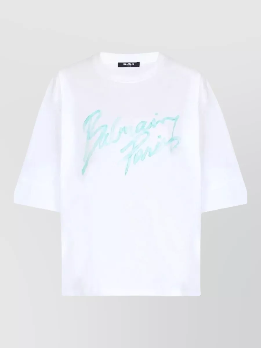 Balmain Paris Logo Bulky Graphic Crewneck Tshirt In White