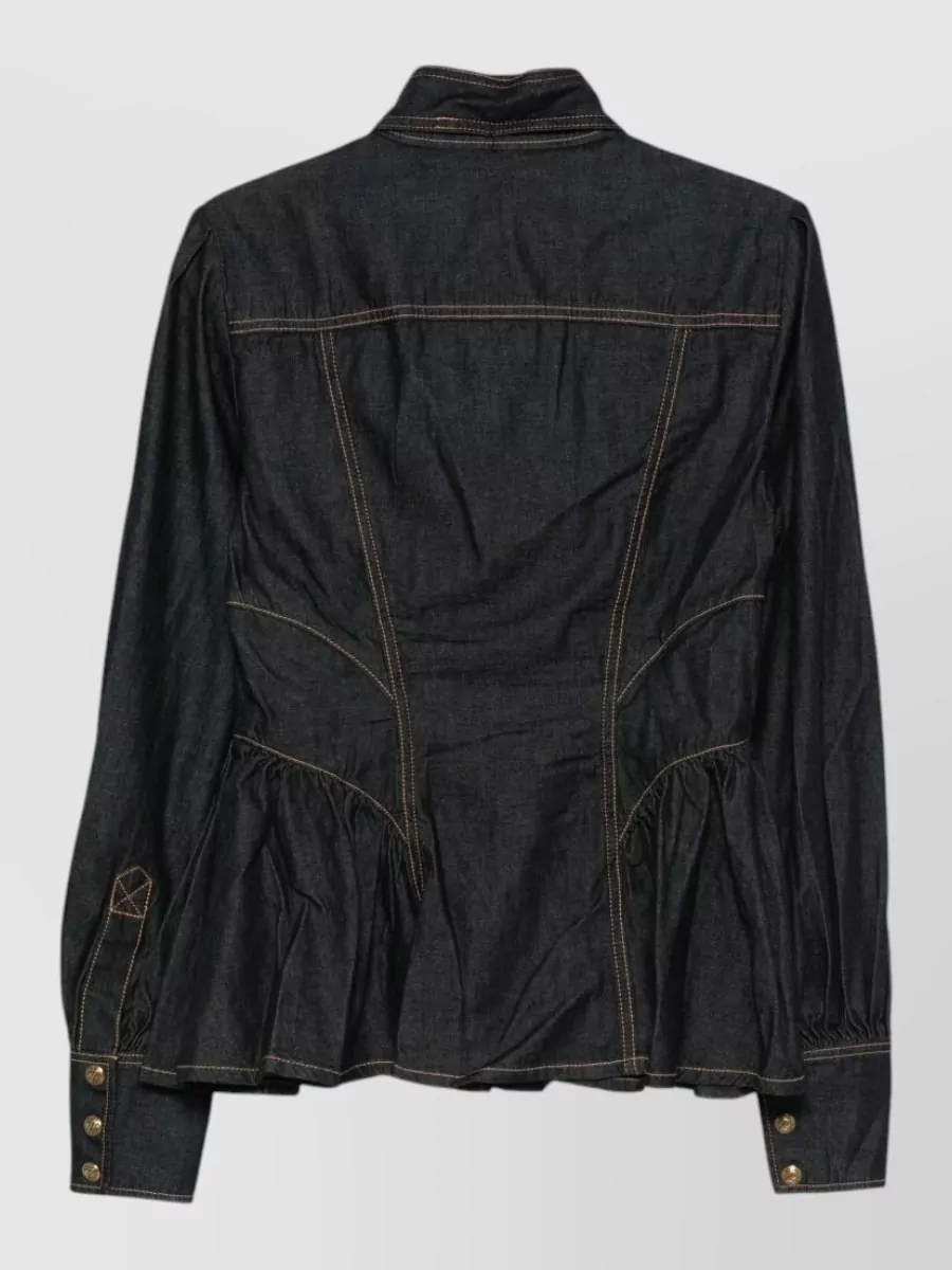 Zimmermann Denim Fitted Pussy-Bow Peplum Shirt