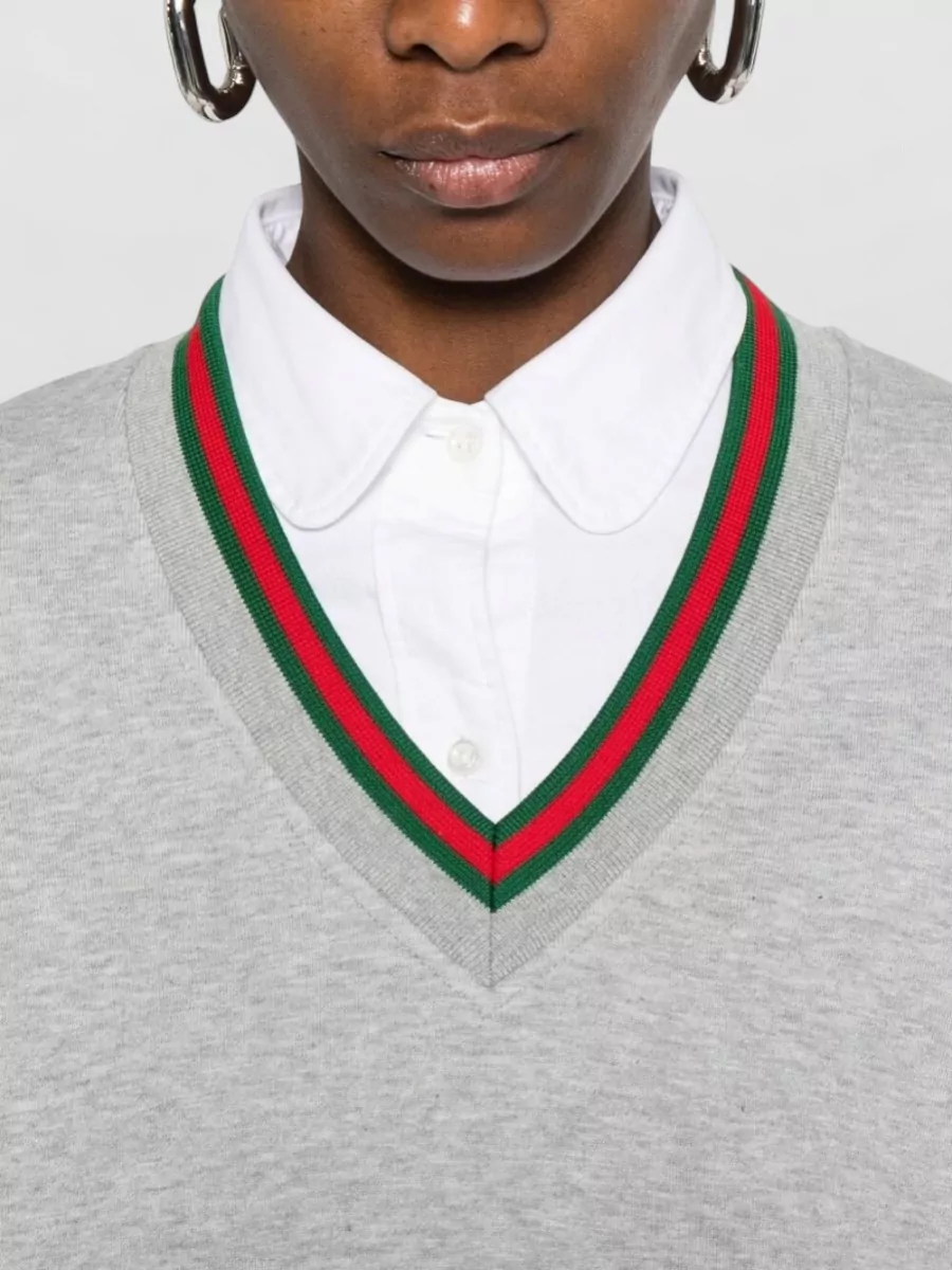 Gucci Cotton V-Neck Long-Sleeve Cropped Knitted Top