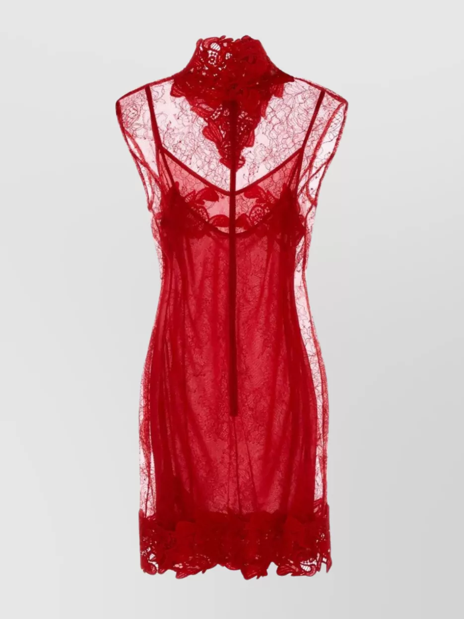 Blumarine Floral Lace Sleeveless High Neck Dress In Red