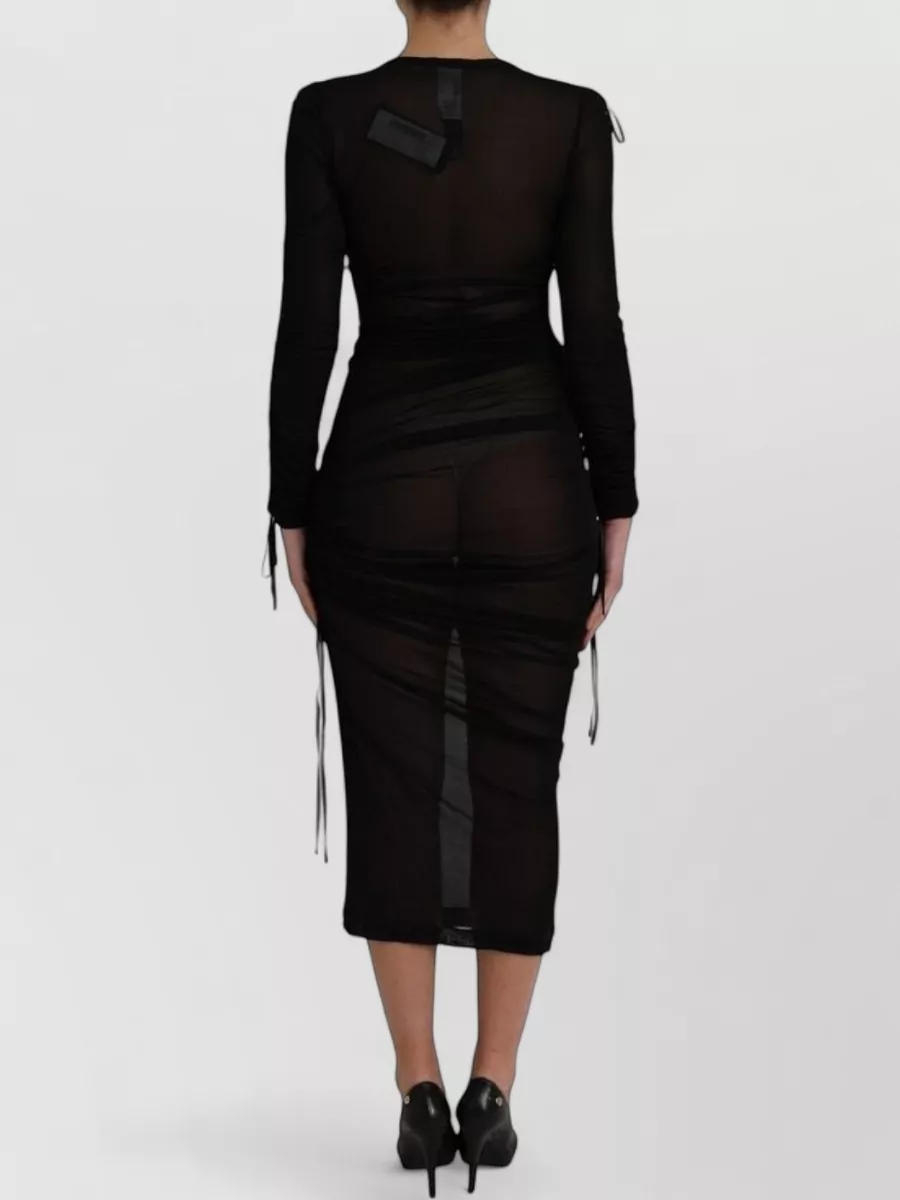 Dolce&Gabbana Sheer Ruched Long-Sleeve V-Neck Midi Dress