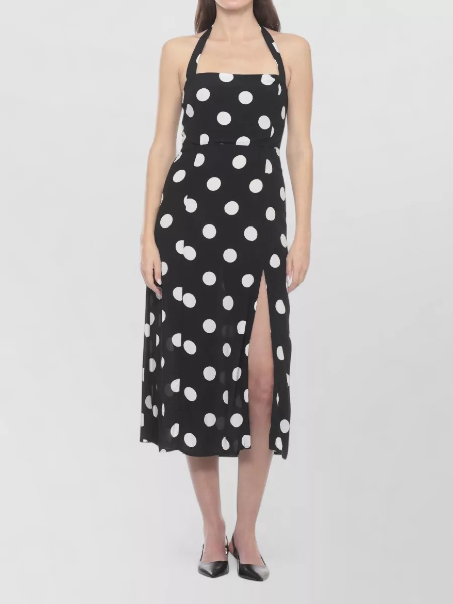Mar De Margaritas Polka-Dot Sleeveless Straight-Neck Side-Slit Midi Dress