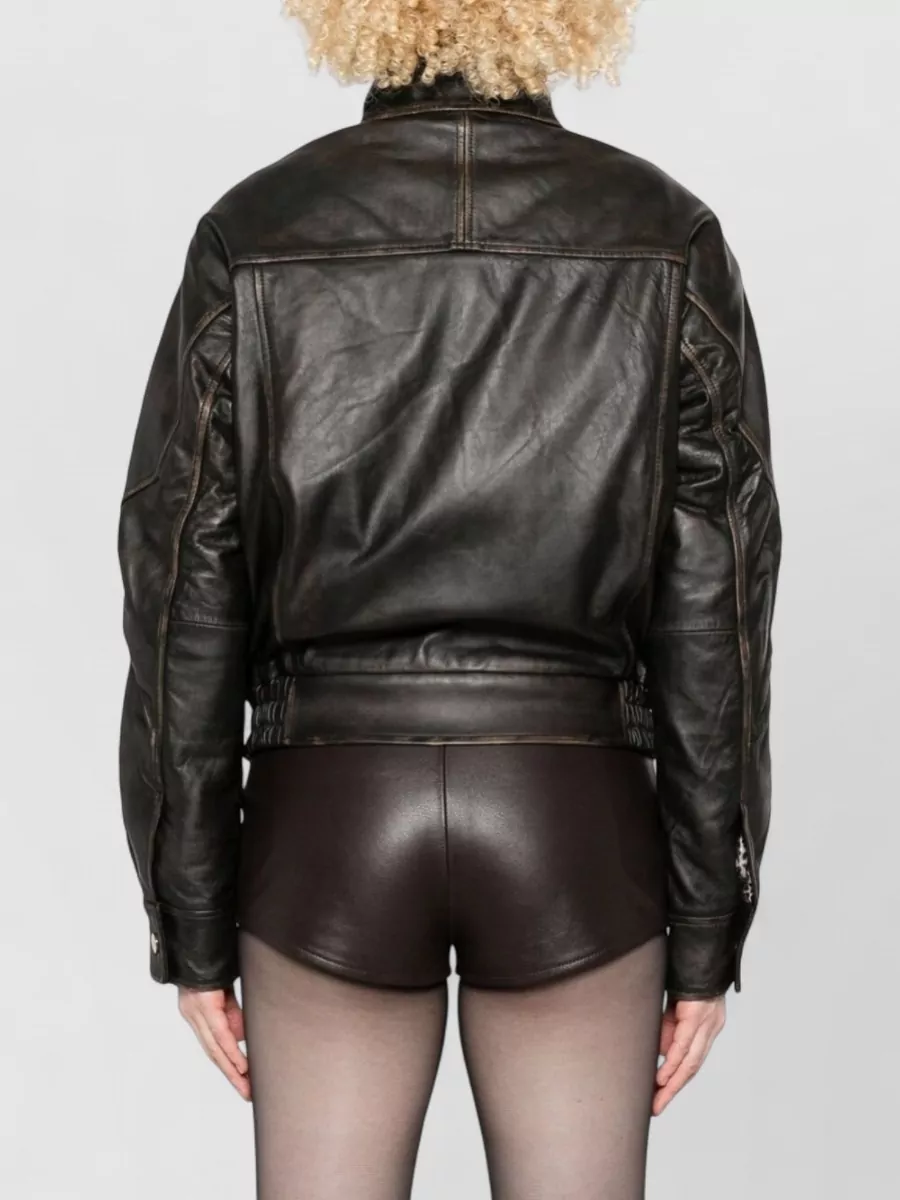 Blugirl Leather Jacket Belted Waist High Collar