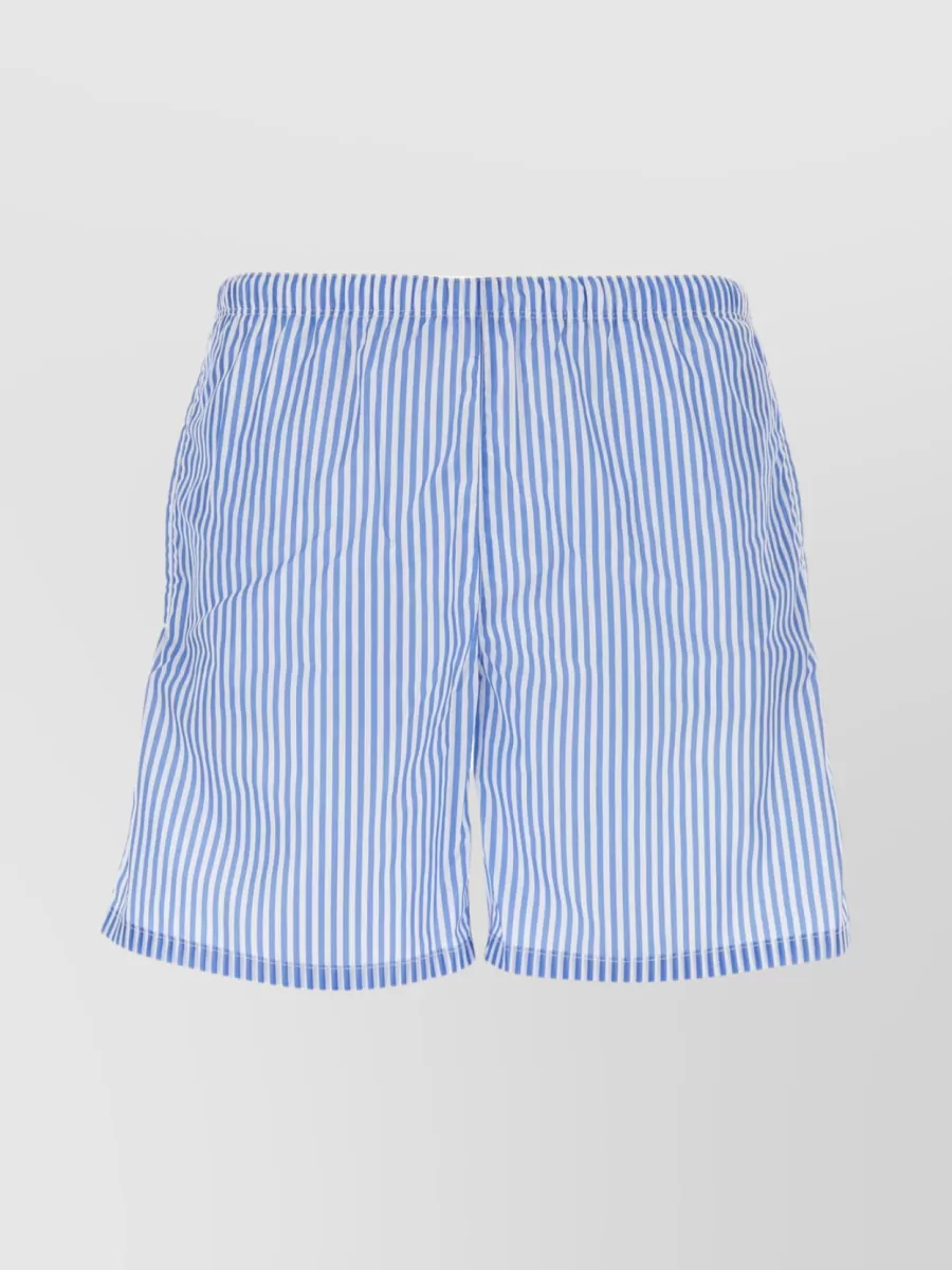 Prada Logo Plaque Striped Swim Shorts In Blue