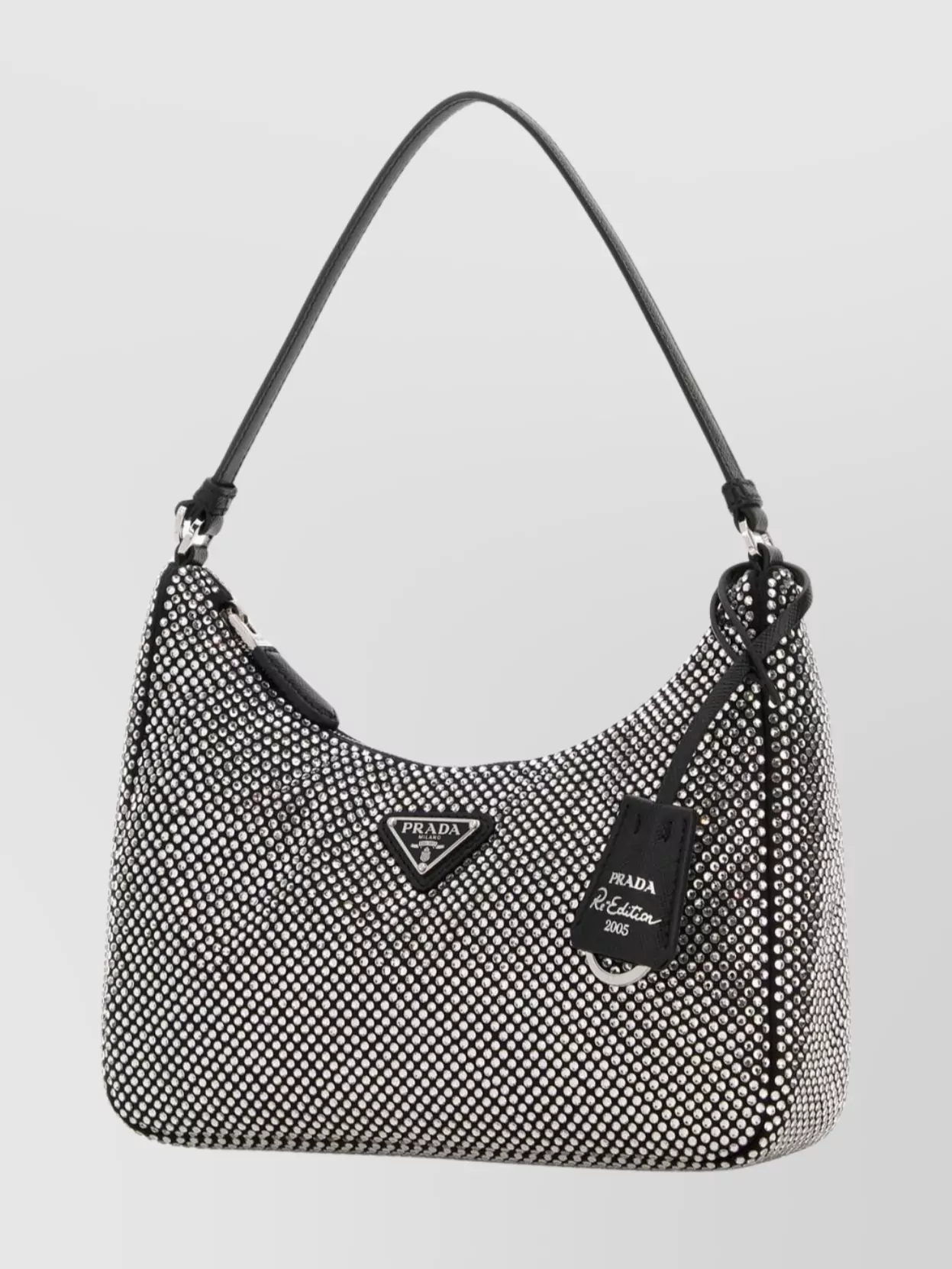 Prada Satin Shoulder Bag With Top Handle And Rhinestones In Gray