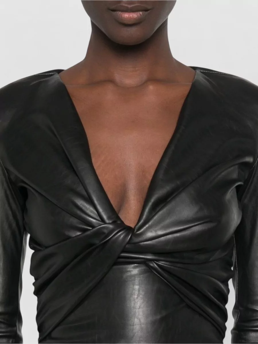 Elisabetta Franchi Faux Leather Draped Knotted V-Neck Long-Sleeve Bodysuit