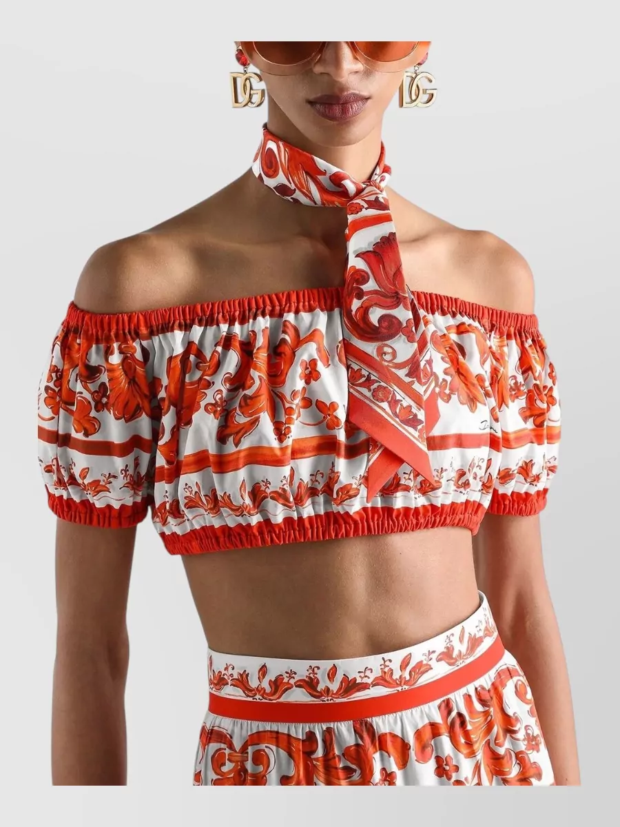 Dolce&Gabbana Cotton Majolica-Print Off-The-Shoulder Cropped Top