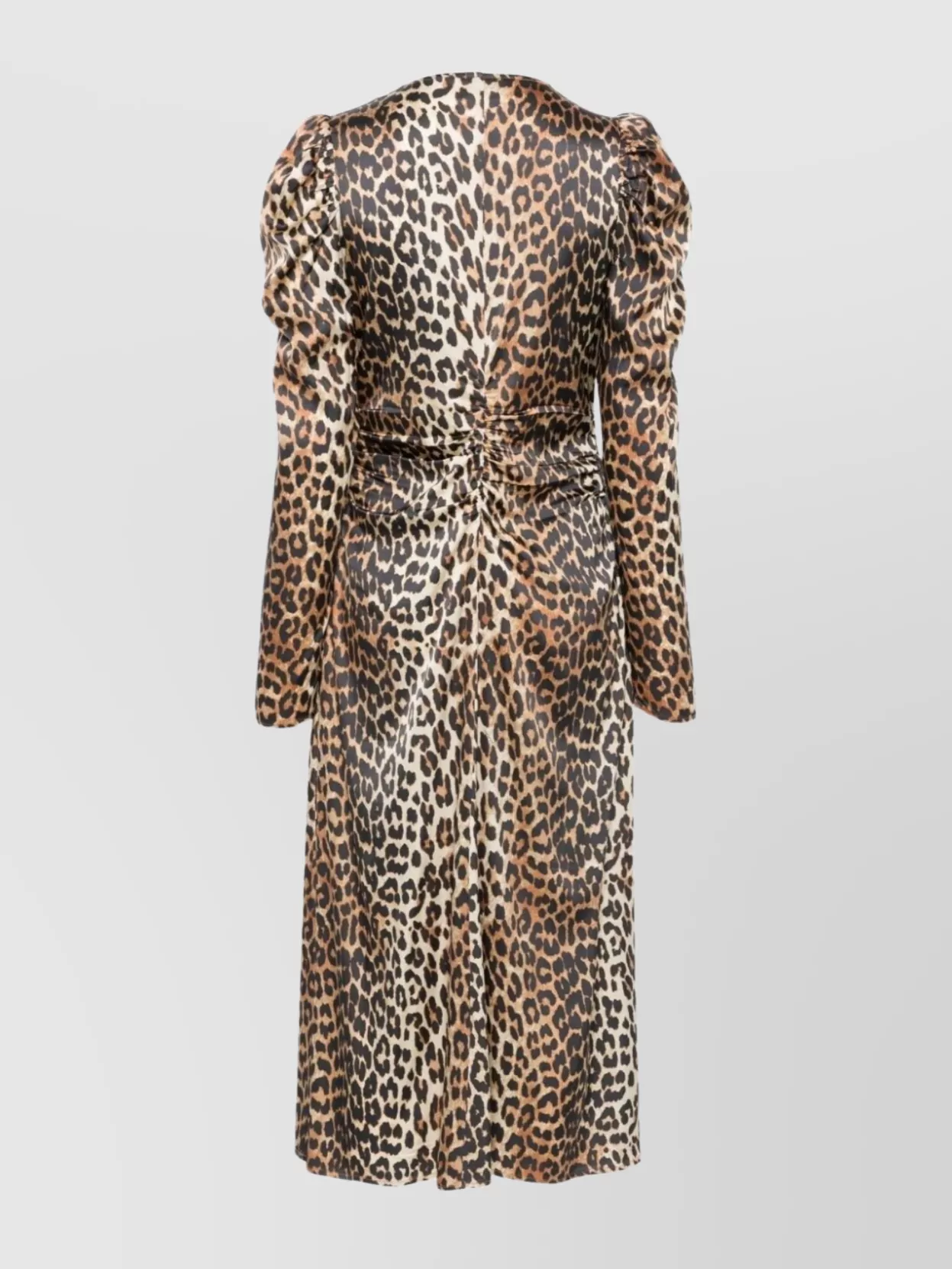 ganni leopard dress long sleeve Ganni Leopard-Print Ruched Mesh Long-Sleeve Dress